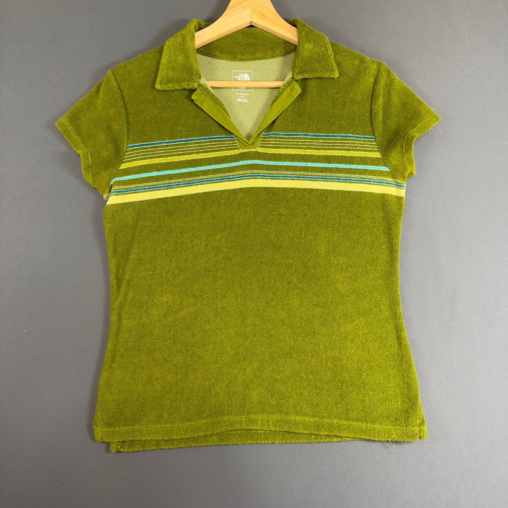The North Face Terry Cloth Polo Shirt Green Striped Y2K Women's Small